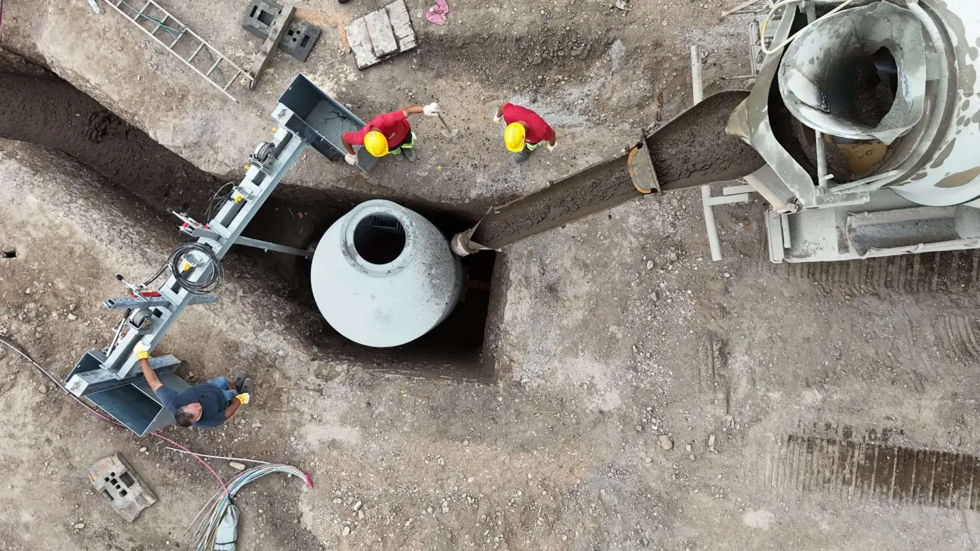 Zweitverfüllung in RSS Geopotnon Schachtbauwerk mit Leitungsanschluessen