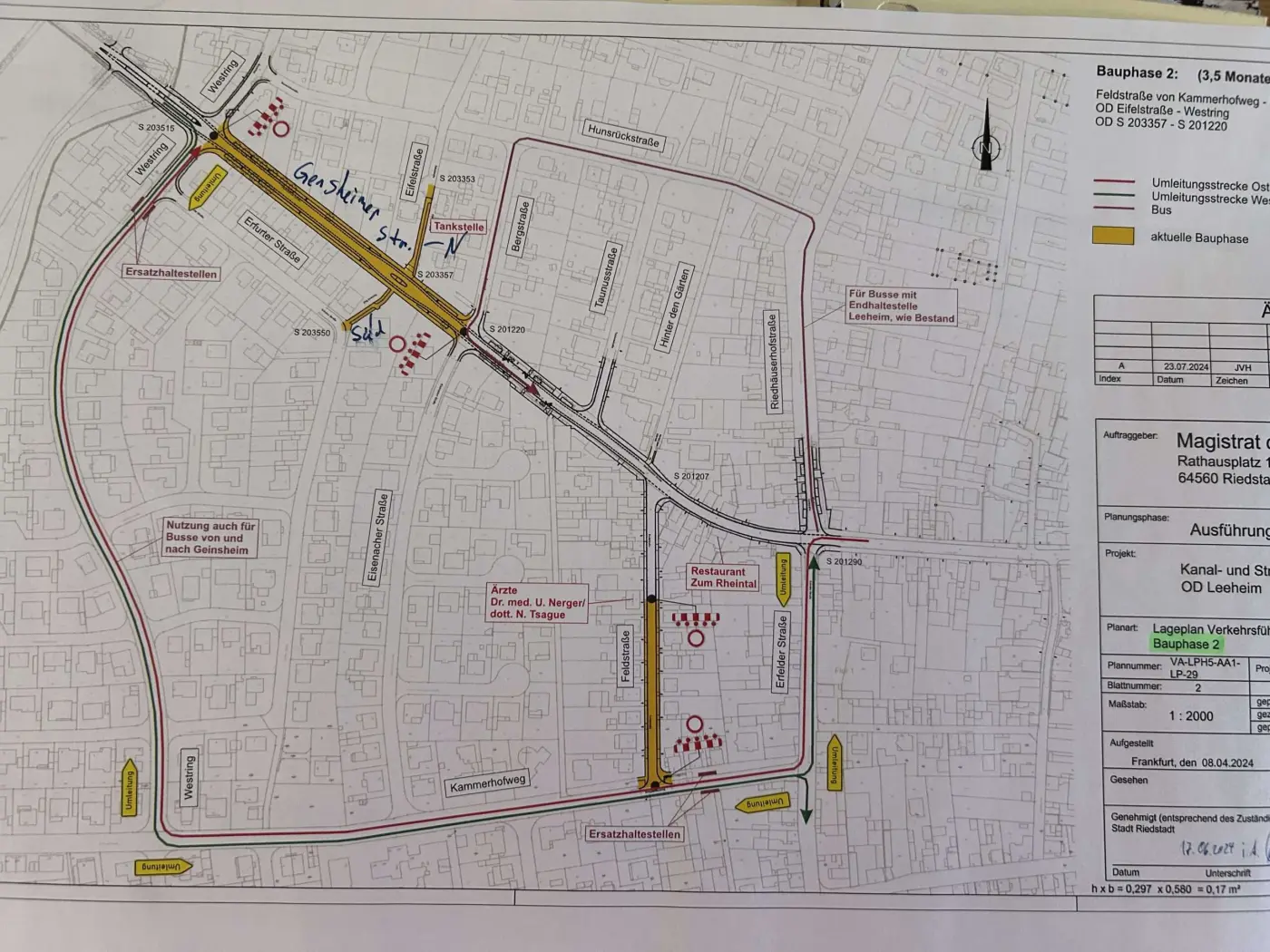 Lageplan Verkehrsführung Bauphase 2 mit Umleitungsstrecken und Ersatzhaltestellen