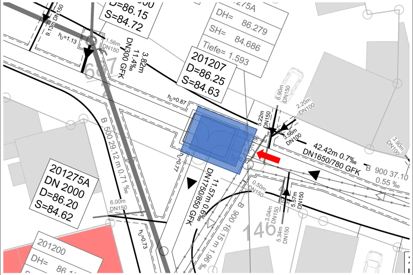 Lageplan des Schachtbauwerks DN 2000 mit der Lage der Baugrube aus Flüssigboden