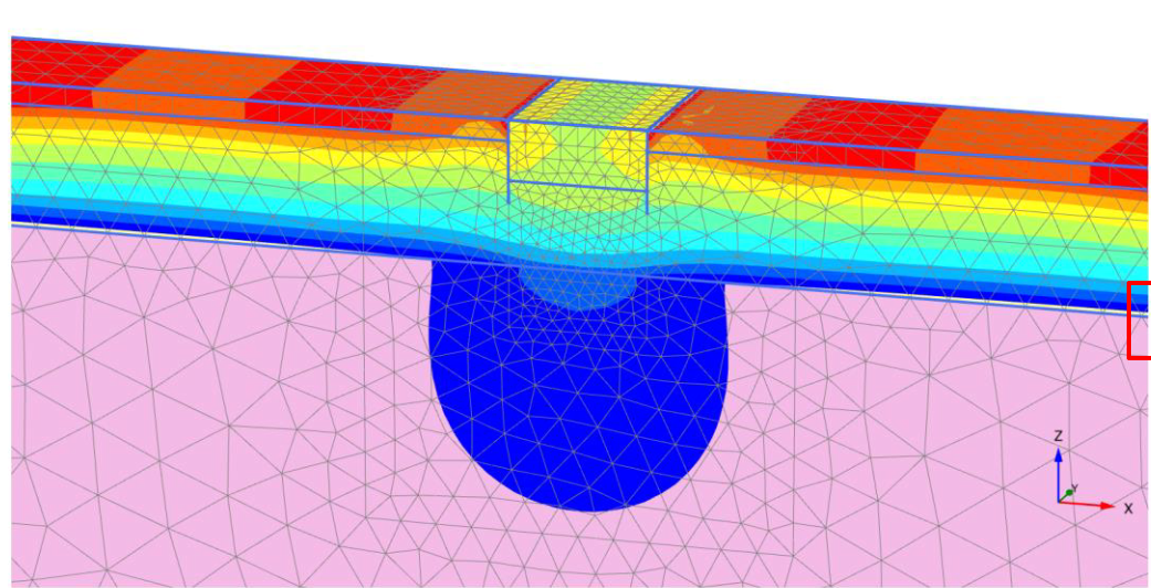 Planung 3D-FEM-Verformungsbild des RSS-Geopontons unter Betriebslast