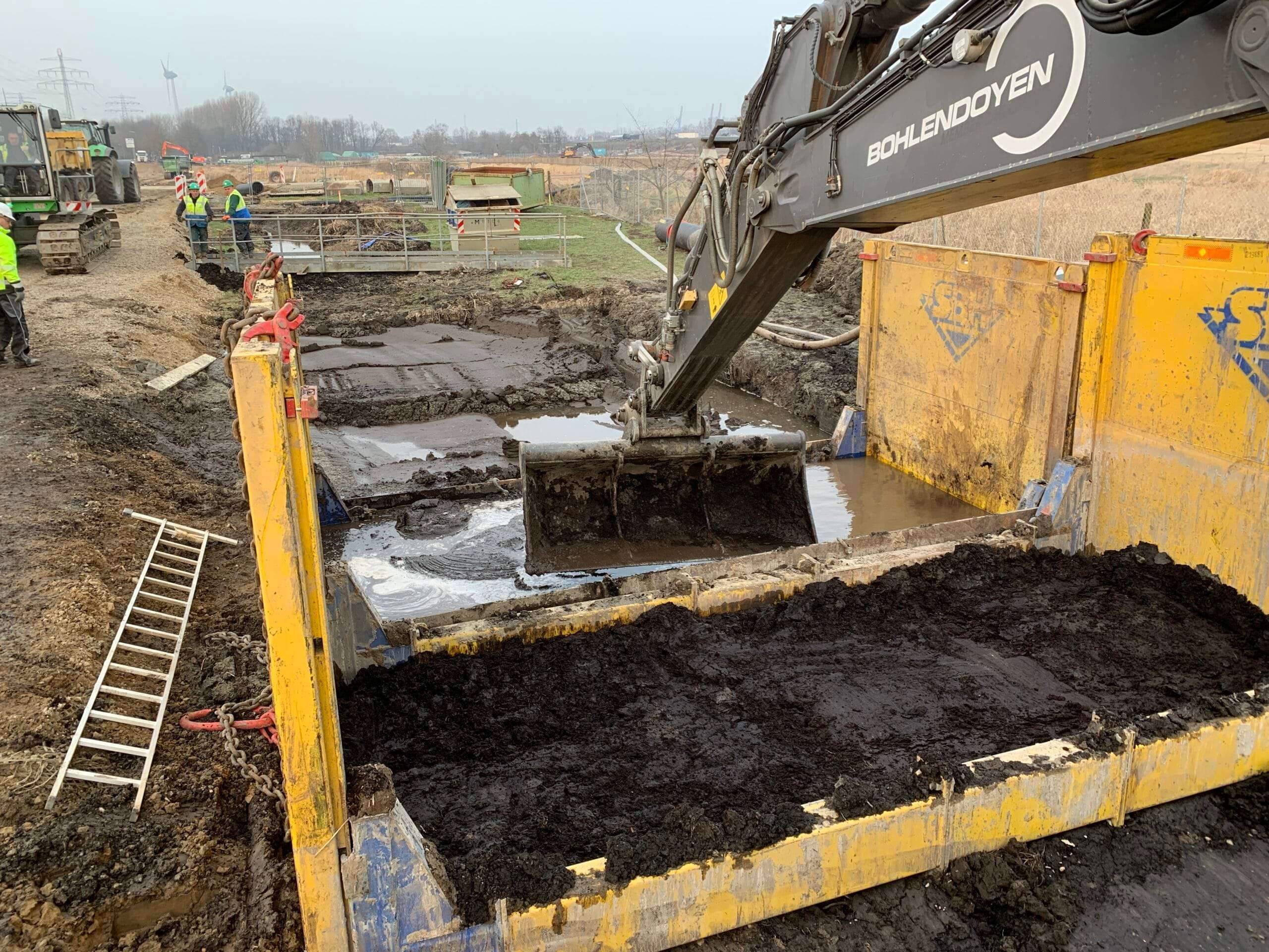 Ausführung Erstaushub des Torfs im Verbau mit dem Bagger