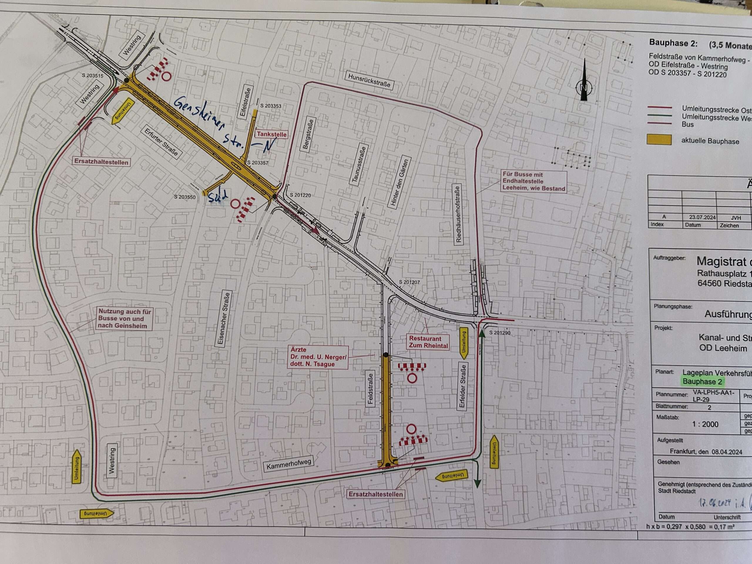 Lageplan Verkehrsführung Bauphase 2 mit Umleitungsstrecken und Ersatzhaltestellen