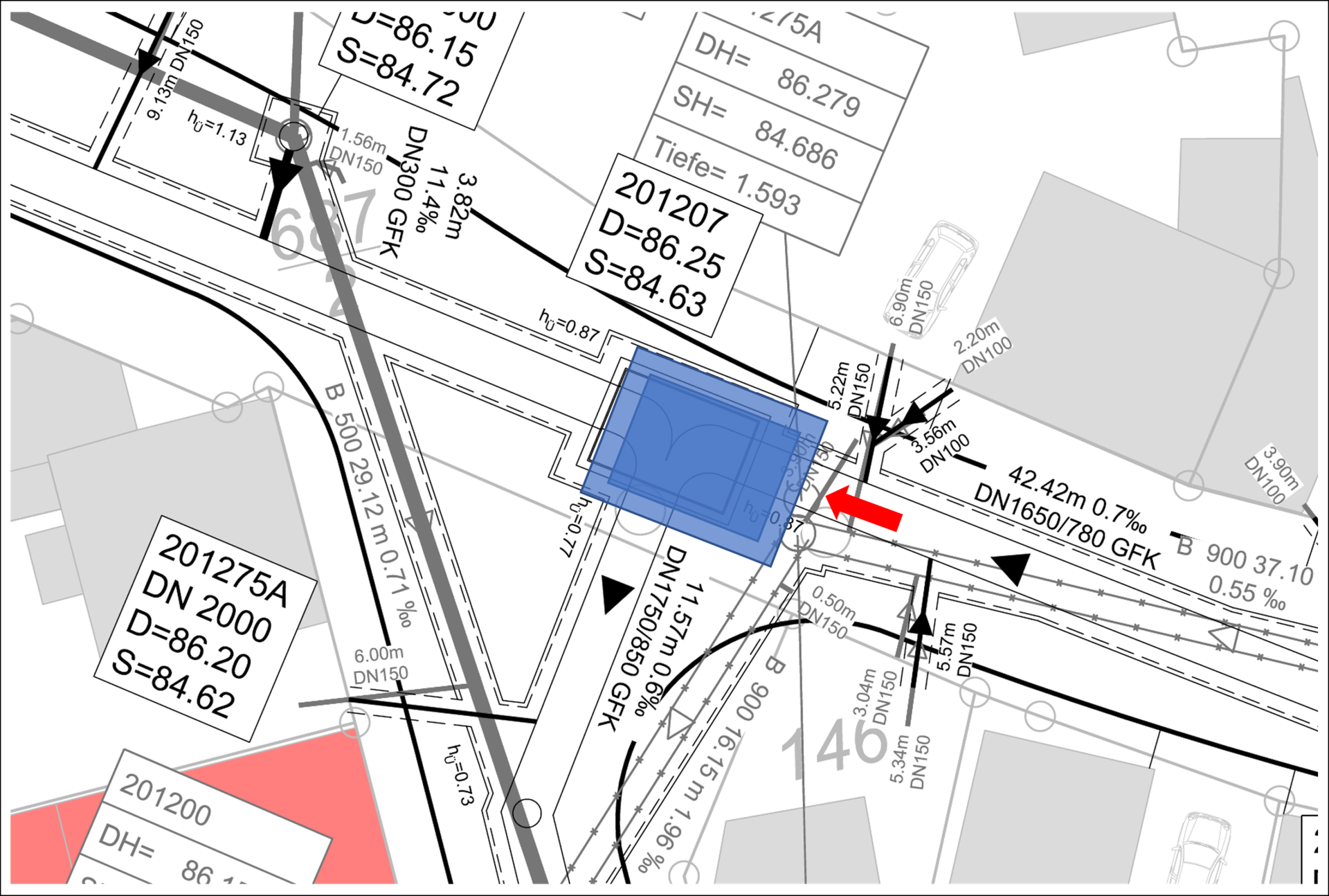 Lageplan des Schachtbauwerks DN 2000 mit der Lage der Baugrube aus Flüssigboden